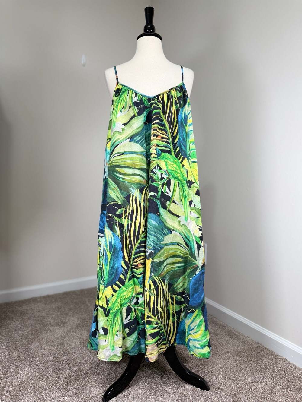 H&M Tropical Jungle Parrot Print Spaghetti Strap Maxi Flowy Lagenlook Boho Dress